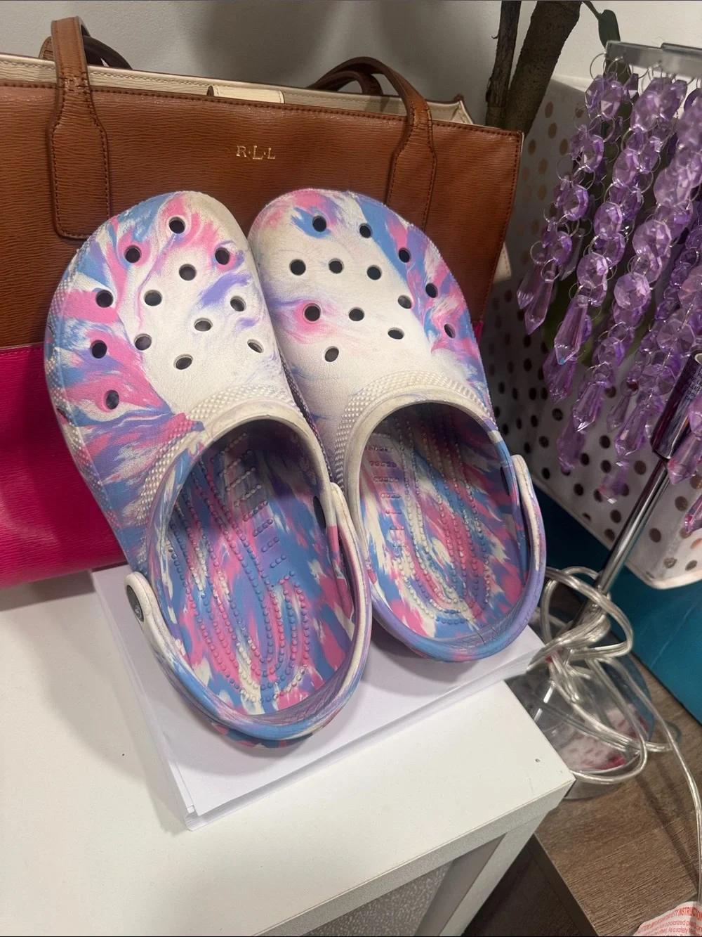 Crocs size J6 Kids Tie-Dye Comfort Clogs - Pink & Blue